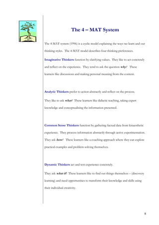 The 4 – MAT System

The 4-MAT system (1996) is a cyclic model explaining the ways we learn and our

thinking styles. The 4-MAT model describes four thinking preferences.

Imaginative Thinkers function by clarifying values. They like to act concretely

and reflect on the experience. They tend to ask the question why? These

learners like discussions and making personal meaning from the content.




Analytic Thinkers prefer to action abstractly and reflect on the process.

They like to ask what? These learners like didactic teaching, taking expert

knowledge and conceptualising the information presented.




Common Sense Thinkers function by gathering factual data from kinaesthetic

experience. They process information abstractly through active experimentation.

They ask how? These learners like a coaching approach where they can explore

practical examples and problem solving themselves.




Dynamic Thinkers act and test experience concretely.

They ask what if? These learners like to find out things themselves – (discovery

learning) and need opportunities to transform their knowledge and skills using

their individual creativity.




                                                                                   8
 