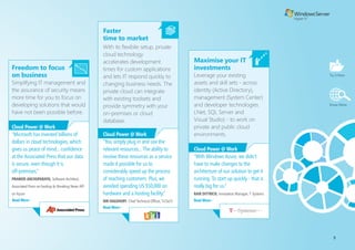 enabling knowledge
                                                  sharing quickly                                 Sharing data
                                                  A unified enterprise content                    reliably without
                                                  management system can help                      infrastructure costs
                                                  employees easily share best                     All documents and files saved
                                                  practices and expertise with                    online are hosted on Microsoft
work with                                         blogs, wikis, search, surveys                   servers maintained by our
what you know                                     and RSS feeds. Users can also                   own trained experts. Patches
The familiar interface of Microsoft               easily create and maintain                      and security updates are
Outlook and Office applications                   collaborative workspaces                        supplied in real time, ensuring
is now extended online with                       using meeting and team site                     that users always work on
Office 365 for Enterprises.                       templates.                                      the latest, most up-to-date
Meaning no learning curve plus                                                                    versions of applications.
now online productivity features                  Cloud Power @ Work
for your employees.                               “Together with Microsoft, we hit the            Cloud Power @ Work
                                                  overall goal in 142 days and helped             “Moving to Online Services
Cloud Power @ Work                                Aviva achieve the deployment in                 will enable us to reduce our IT
“The speech-to-text features will be              around one half of the cost of the              operational costs by roughly 30%
great for our 20,000 or so mobile                 original budget”                                of what we’re currently spending.
device users because they will be able            TOBY REDSHAW, CIO, Aviva, on creating 1         The ability to introduce a variable
to access their voice-mail messages               intranet in 12 languages for 60,000 employees   cost subscription model for these
even if they can’t call into the system.”                                                         collaborative technologies allows us
DEAN SEPSTRUP, Product Manager for Exchange,                                                      to more rapidly scale or divest our
Boeing on the Voice-Mail Preview that’s helping                                                   investment as necessary.”
drive employee productivity                                                                       ALASTAIR ROBERTSON,
                                                                                                  VP, Information Workplace




                                                                                                                                         7
 