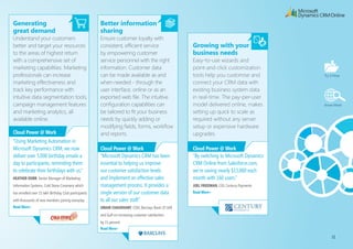 faster
                                                    time to market
                                                    With its flexibile setup, private
                                                    cloud technology
                                                    accelerates development                           Maximise your it
freedom to focus                                    times for custom applications                     investments
on business                                         and lets IT respond quickly to                    Leverage your existing
Simplifying IT management and                       changing business needs. The                      assets and skill sets - across
the assurance of security means                     private cloud can integrate                       identity (Active Directory),
more time for you to focus on                       with existing toolsets and                        management (System Center)
developing solutions that would                     provide symmetry with your                        and developer technologies
have not been possible before.                      on-premises or cloud                              (.Net, SQL Server and
                                                    database.                                         Visual Studio) - to work on
Cloud Power @ Work                                                                                    private and public cloud
“Microsoft has invested billions of                 Cloud Power @ Work                                environments.
dollars in cloud technologies, which                “You simply plug in and use the
gives us peace of mind... confidence                relevant resources... The ability to              Cloud Power @ Work
at the Associated Press that our data               receive these resources as a service              “With Windows Azure, we didn’t
is secure, even though it is                        made it possible for us to                        have to make changes to the
off-premises.”                                      considerably speed up the process                 architecture of our solution to get it
PRAMOD ANCHUPARAYIL, Software Architect,            of reaching customers. Plus, we                   running. To start up quickly - that is
Associated Press on hosting its Breaking News API   avoided spending US $50,000 on                    really big for us.”
on Azure                                            hardware and a hosting facility.”                 RAIK DITTRICH, Innovation Manager, T-Systems
                                                    NIR HAgSHURY, Chief Technical Officer, TicTacTi




                                                                                                                                                     9
 