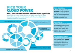 contents
Your Guide to
NavigatiNg the Cloud
THE CLOUD POWER PACK                                                                   1 - 13   RESOURCES                                                                                  14 - 61
Explore the areas in which IT can change your business for the better                           Explore and share the power of cloud in business with whitepapers and real-life case studies


SCALE Applications to near infinity                                                    2        The ECONOMICS of the Cloud                                                                 15 - 35
Build applications flexibly on the familiar Windows Azure platform                              Read this Microsoft Whitepaper to understand the long-term vision of the underlying
                                                                                                economics of cloud computing
CONNECT PEOPLE without making them meet                                                4
Drive productivity by communicating with Microsoft Online Services in the Cloud                 CASE STUDIES of Cloud Power @ Work                                                         36 to 61

CREATE a real-time collaboration hub                                                   6        SEAMLESS MIgRATION @                                                                       36
Enable people to work across time zones and locations with Microsoft Office 365                 30,000 employees migrate to the Cloud without interrupting business or daily operations


DRIVE greater control and IT efficiency in your Private Cloud                          8        Improved PRODUCTIVITY @                                                                    44
Transform IT services for greater business intelligence with Microsoft System Center            A simplified user experience improves collaboration and cuts IT costs by 30%
and Windows Server Hyper-V
                                                                                                EffICIENCY in the Private Cloud @                                                          49
KNOW what your customers want                                                          10       120 servers become 20 with data center budgets getting cut by 40%
Respond faster with better customer intelligence with Microsoft Dynamics CRM Online
                                                                                                IT as a SERVICE @                                                                          54
What Cloud Power holds for You                                                         12       A global company builds an online Visual Attention service application on Windows Azure
Benefit from working with Microsoft Cloud Services
 