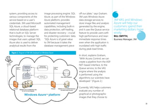 available to customers in real    Solution                          Windows Azure provides
time, be capable of processing    3M believed that the most         developers with on-demand
images and returning near-        effective approach would be       compute and storage to
immediate results, of scaling     to operate the VAS application    host, scale, and manage Web
rapidly during peak design        from a "cloud computing"          applications on the internet
times, such as just prior to      environment, in which the         through Microsoft data
holiday advertising deadlines,    solution would be hosted          centers.
and it had to carry a low         and managed on the Internet
up-front investment risk for      and reside in an external         From its experience with
3M. "Especially in the current    partner’s data centers. The       the Community Technology
economic environment, we          company evaluated hosted          Preview (CTP) of Windows
have to be very careful about     infrastructure offerings from     Azure, a Microsoft program
how we invest our capital,"       Microsoft and others, but, says   for early adopters to
says Smyth."We didn’t want        Graham, "3M has for a long        experiment with prerelease
to invest in costly data center   time relied on Microsoft®         technology, Graham’s team      SQL Azure is of great
infrastructure and capacity       tools and technologies to         thought that the solution      value to 3M because
that, much of the time, would     support the development           was a good fit for 3M. "The    it takes the database
sit idle and unused."             of our technology. For            similarities between Windows   management piece off
                                  this reason, 3M chose the         Azure and our current          our plate.
Jim Graham, Technical             Windows Azure™ platform           development environment        JiM GrAHAM,
Manager at 3M, adds,              from Microsoft." Windows          gave us a huge advantage       Technical Manager, 3M
"We needed to be able to          Azure is a cloud services         and made the decision easy,"
provide a high-performance        operating system that             says Graham. 3M relied on
application to customers          serves as the development,        the Microsoft Visual Studio®
everywhere, without               service hosting, and service      2008 development system to
deploying data centers            management environment for        produce the VAS application,
around the world."                the Windows Azure platform.       including Microsoft Visual

                                                                                                                           57
 