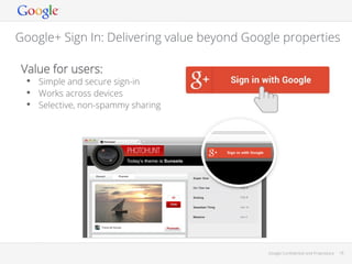 Google+ Sign In: Delivering value beyond Google properties
Value for users:
•  Simple and secure sign-in
•  Works across devices
•  Selective, non-spammy sharing

Google Conﬁdential and Proprietary

18

 
