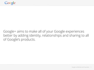 Google+ aims to make all of your Google experiences
better by adding identity, relationships and sharing to all
of Google’s products.

Google Conﬁdential and Proprietary

3

 