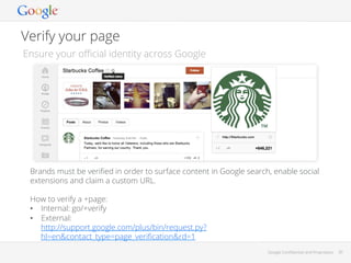 Verify your page
Ensure your oﬃcial identity across Google

Brands must be veriﬁed in order to surface content in Google search, enable social
extensions and claim a custom URL.
How to verify a +page:
•  Internal: go/+verify
•  External:
http://support.google.com/plus/bin/request.py?
hl=en&contact_type=page_veriﬁcation&rd=1
Google Conﬁdential and Proprietary

30

 