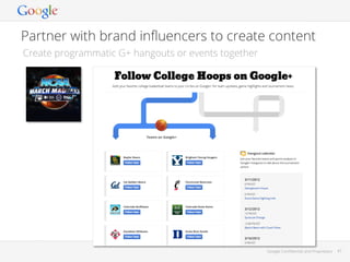 Partner with brand inﬂuencers to create content
Create programmatic G+ hangouts or events together

Google Conﬁdential and Proprietary

47

 