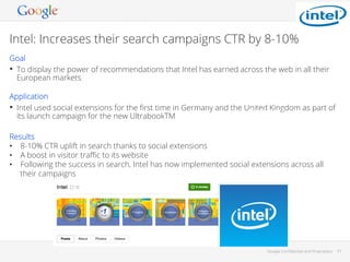 Intel: Increases their search campaigns CTR by 8-10%

Client
logo

Goal
•  To display the power of recommendations that Intel has earned across the web in all their
European markets
Application
•  Intel used social extensions for the ﬁrst time in Germany and the United Kingdom as part of
Screenshot
its launch campaign for the new UltrabookTM
Results
•  8-10% CTR uplift in search thanks to social extensions
•  A boost in visitor traﬃc to its website
•  Following the success in search, Intel has now implemented social extensions across all
their campaigns

Additional
Screenshot
(if needed)
Google Conﬁdential and Proprietary

61

 