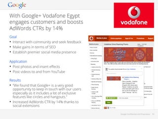 Client
logo

With Google+ Vodafone Egypt
engages customers and boosts
AdWords CTRs by 14%
Goal
•  Interact with community and seek feedback
•  Make gains in terms of SEO
•  Establish premier social media presence

Screenshot

Application
•  Post photos and insert eﬀects
•  Post videos to and from YouTube
Results
•  “We found that Google+ is a very good
opportunity to keep in touch with our users
especially as it includes a lot of exclusive
features like circles and hangouts.”
•  Increased AdWords CTR by 14% thanks to
social extensions

Additional
Screenshot
(if needed)
Google Conﬁdential and Proprietary

62

 