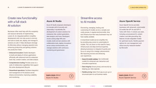 18 A GUIDE TO GENERATIVE AI WITH MICROSOFT
Create new functionality
with a full-stack
AI solution
Businesses often need help with the complexity
and resource demands of implementing
custom AI. An integrated platform simplifies
development with one-stop access to services
and tools to build, test, deploy, and manage AI
solutions at scale. It helps developers leverage
AI effectively without managing separate tools,
enhancing productivity and getting solutions
into production faster.
• Enhanced innovation: Enable developers
to build and deploy AI-driven applications
efficiently with advanced tools for enterprise-
level chat, content creation, and data analysis.
• Comprehensive tooling: Provide access to a
suite of collaborative capabilities that support
the entire development lifecycle.
• Streamlined operations: Facilitate integration
and management of AI solutions across
diverse environments, improving scalability
and monitoring.
Streamline access
to AI models
Discovering, managing, hosting, and
customizing AI models can be a complex and
costly process. It requires technical skills, time,
and infrastructure that many businesses may not
have readily available.
A streamlined model service simplifies this
by providing easy access to customizable AI
models. This cuts down on the need for heavy
infrastructure and deep technical expertise,
allowing businesses to integrate AI quickly and
focus on using AI for strategic advancements
like improving services and enhancing
user experiences.
• Azure AI model catalog: Use multimodal
models for enhanced user interaction and
innovative experiences.
• Data integrity: Ensure privacy and security by
keeping your data separate.
• Flexible pricing: Select from pay-as-you-go or
structured plans to suit business needs.
Azure AI Studio
Azure AI Studio empowers developers
to innovate with AI securely and
responsibly. It accelerates the
development of custom solutions for
enterprise chat, content generation,
data analysis, and more. Developers
access cutting-edge APIs and
models, build and test solutions with
collaborative tools, deploy innovations
across various environments, and
manage solutions with continuous
monitoring and governance.
Azure OpenAI Service
Azure OpenAI Service provides
businesses with advanced, customizable
AI models like GPT-4o and GPT-4
Turbo with Vision. It unlocks use cases,
including conversational AI, content
creation, and data grounding. Key
features include adaptable models
for optimized results, flexible payment
options for cost management, and
robust security measures backed
by Microsoft.
Learn more about
Azure AI Studio
Learn more about
Azure OpenAI Service
2. BUILD NEW CAPABILITIES
CONTENTS 3. SAFEGUARD
2. BUILD
1. UNLOCK
INTRODUCTION
 