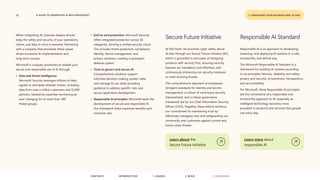 22 A GUIDE TO GENERATIVE AI WITH MICROSOFT
When integrating AI, business leaders should
keep the safety and security of your operations,
clients, and data in mind is essential. Partnering
with a company that prioritizes these values
drives successful AI implementation and
long-term success.
Microsoft is uniquely positioned to enable your
secure and responsible use of AI through:
• Data and threat intelligence:
Microsoft Security leverages trillions of daily
signals to anticipate attacker moves, including
data from over a million customers and 15,000
partners, backed by expertise monitoring an
ever-changing list of more than 300
threat groups.
Secure Future Initiative
At Microsoft, we prioritize cyber safety above
all else through our Secure Future Initiative (SFI),
which is grounded in principles of designing
products with security first, ensuring security
features are mandatory and effortless, and
continuously enhancing our security measures
to meet evolving threats.
This comprehensive approach encompasses
stringent standards for identity and secrets
management, a culture of continuous security
improvement, and a robust governance
framework led by our Chief Information Security
Officer (CISO). Together, these efforts reinforce
our commitment to maintaining trust by
effectively managing risks and safeguarding our
community and customers against current and
future cyber threats.
Responsible AI Standard
Responsible AI is an approach to developing,
assessing, and deploying AI systems in a safe,
trustworthy, and ethical way.
The Microsoft Responsible AI Standard is a
framework for building AI systems according
to six principles: fairness, reliability and safety,
privacy and security, inclusiveness, transparency,
and accountability.
For Microsoft, these Responsible AI principles
are the cornerstone of a responsible and
trustworthy approach to AI, especially as
intelligent technology becomes more
prevalent in products and services that people
use every day.
Learn about the
Secure Future Initiative
Learn more about
responsible AI
3. SAFEGUARD YOUR BUSINESS END TO END
• End-to-end protection: Microsoft Security
offers integrated protection across 50
categories, forming a unified security cloud.
This includes threat protection, compliance,
identity, device management, and
privacy solutions, creating a synergistic
defense system.
• Tools to govern and secure AI:
Comprehensive solutions support
informed decision-making, protect data,
and manage AI use while providing
guidance to address specific risks and
secure application development.​
• Responsible AI principles: Microsoft leads the
development of secure and responsible AI.
Our framework helps maximize benefits and
minimize risks.
CONTENTS 3. SAFEGUARD
2. BUILD
1. UNLOCK
INTRODUCTION
 