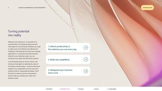 A GUIDE TO GENERATIVE AI WITH MICROSOFT
4 INTRODUCTION
Turning potential
into reality
Wherever your business is on the path to AI
transformation, this guide provides practical
information to move forward. Whether you hope
to make work more efficient and effective for
employees with generative AI built into everyday
applications or customize and build solutions
tailored to your business needs, you can
accelerate your goals with Microsoft solutions.
In the following sections of this e-book, we'll
introduce three paths to realizing the value of
AI business transformation—and how Microsoft
supports your organization at every step with
solutions built on responsible principles. You’ll
find links to relevant services and products
that can help you achieve your vision and
elevate success.
1. Unlock productivity in
the solutions you use every day
2. Build new capabilities
3. Safeguard your business
end to end
CONTENTS 3. SAFEGUARD
2. BUILD
1. UNLOCK
INTRODUCTION
 