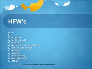 HFW’s
aa
II
no, go, sono, go, so
to, do , you, tooto, do , you, too
is, it, in, ifis, it, in, if
me, we, the, he, see, she, beme, we, the, he, see, she, be
can, an, am, and, atcan, an, am, and, at
all, ballall, ball
now, hownow, how
play, day, sayplay, day, say
then, they, thisthen, they, this
not, gotnot, got
12
Source: Fountas & Pinnell Benchmark Assessment
 