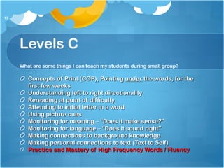 Levels C
What are some things I can teach my students during small group?
Concepts of Print (COP), PointingConcepts of Print (COP), Pointing underunder the words, for thethe words, for the
first few weeksfirst few weeks
Understanding left to right directionalityUnderstanding left to right directionality
Rereading at point of difficultyRereading at point of difficulty
Attending to initial letter in a wordAttending to initial letter in a word
Using picture cuesUsing picture cues
Monitoring for meaning – “Does it make sense?”Monitoring for meaning – “Does it make sense?”
Monitoring for language – “Does it sound right”Monitoring for language – “Does it sound right”
Making connections to background knowledgeMaking connections to background knowledge
Making personal connections to text (Text to Self)Making personal connections to text (Text to Self)
Practice and Mastery of High Frequency Words / FluencyPractice and Mastery of High Frequency Words / Fluency
13
 