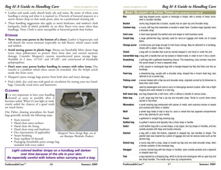 Bag It! A Guide to Handbag Care                                 www.margarets.com      www.margarets.com                           Bag It! A Guide to Handbag Care
• Leather and suede easily absorb body oils and stains. Be aware of where your           BRIEF GLOSSARY              OF   PURSE TERMS              (SEE   DIAGRAMS ON PAGE      2)
  handbag is sitting and what it is exposed to. If kernels of buttered popcorn at a    Box               rigid bag shaped purse, square or rectangle in shape, with a variety of metal, bone,
  movie theater drop on that suede purse, plan on a professional cleaning job.                           shell or wooden handles.
• These handling suggestions also apply to men’s briefcases, and student’s cloth       Bucket            roomy bag shaped like a bucket, usually has an open top and shoulder strap.
  backpacks, both of which probably sit on dirty floors even more often than           Canteen bag       a round, stiff bag that resembles a traveler’s water flask. Canteen bags typically have
  handbags. Note: Cloth is more susceptible to bacterial growth than leather.                            a shoulder strap.

STORAGE                                                                                Card case         a hard case typically the perfect size and shape to hold business cards.
                                                                                       Carpet bag        a large satchel-like bag, typically used for carry-on luggage and made out of carpet
• Never store your purses in the bottom of a closet. Leather is hygroscopic and
                                                                                                         fabric.
  will absorb the excess moisture (especially on slab floors), which causes mold
  and mildew.                                                                          Change purse      a small purse just large enough to hold loose change. May be attached to a handbag;
                                                                                                         closes with a zipper, clasp or snap.
• Avoid storing purses in plastic bags. Always use breathable fabric duster bags
  (even clean pillowcases) to protect them from dust and control moisture              Clutch            a bag with no handles that must be carried clasped in one hand or under the arm.
  damage. Consider Margaret’s custom manufactured purse storage bags.                  Convertible bag a bag with a handle that can be tucked or folded inside, in order to turn it into a clutch.
  Available in 2 sizes, 14”x16” and 18”x20”, and constructed of breathable             Drawstring        a soft bag with a gathered drawstring closure. The drawstring, once cinched, may form
  polypropylene.                                                                                         into purse straps or have a separate strap.
• Don’t store your patent leather handbag in contact with other items. Dye             Envelope          a flat, square or rectangular bag with a triangle-shaped top flap that folds over like an
  transfer is a problem which often cannot be remedied. (See the InStyle article                         envelope.
  inside this front cover.                                                             Feed bag          a drawstring bag, usually with a shoulder strap, shaped like a horse’s feed bag; also
• Margaret’s purse storage bags protect from both dust and insect damage.                                referred to as a bucket bag.
                                                                                       Fishing creel     a woven basket with a flap top and shoulder strap; originally carried by fly fishermen to
• Find a dark, dry, cool area with good air circulation for storing your nice hand-                      keep their catch fresh.
  bags. Generally avoid attics and basements.
                                                                                       Flight bag        used by passengers and crew to carry on belongings aboard a plane, often has a flight
CLEANING                                                                                                 insignia and used instead of a tote bag.
                                                                                       Half moon bag any bag shaped like a half moon, with or without a handle of various sizes.
I t is very important to have your handbag
  cleaned as soon as possible after it
becomes soiled. When it’s just light or mod-
                                                                                       Hobo bag          a soft, large bag that has a zip top and shoulder strap. Tends to crunch down when
                                                                                                         carried or laid down.
erately soiled the chances of a good result                                            Minaudiere        a small evening bag embezzled with pieces of metal, semi precious stones or beads
are much better.                                                                                         and covered with fabric or leather.
Our Pulito cleaning procedures for hand-                                               Muff              a winter bag made of real or faux fur, wool or velvet that has zippered compartments
bags generally include the following steps:                                                              and a slip opening for your hands.
                                                                                       Pouch             a gathered or straight bag evening bag.
     •   Stain removal
     •   Hand clean outer surfaces                                                     Quilted bag       is quilted in texture and typically has a chain strap or handle.
     •   Hand clean the lining                                                         Safari            a soft leather bag with a curved shape, a top zipper, two top straps or handles, and two
     •   Hand clean strap and hardware                                                                   outside pockets with flaps and buckle closures.
     •   Dye rejuvenation (if applicable)      Margaret’s Purse Storage Bags, one of   Satchel           a bag with a wide, flat bottom, zippered or clasped top, two handles or straps. The
     •   Steam finishing                         our Boutique Wardrobe Products                          satchel style was inspired by a piece of luggage and can be various sizes such as the
     •   Stain repellant (if desired)                                                                    doctors bag.
     •   Packaging (breathable purse storage bag                                       School bag        a roomy bag with a snap, clasp or buckle top flap and one wide shoulder strap; often
         included with every order)                                                                      a thicker variation of the envelope bag.
     Light colored leather straps on a handbag will darken                             Swagger           a roomy, framed bag with two straps or handles, open outside pockets and a zippered
                                                                                                         or clasped open top.
           over time because of the oils in your skin.
                                                                                       Tote              a bag inspired by a shopping bag, which is sturdy and rectangular with an open top and
  Be especially careful with lotions when carrying such a bag.                                           two strap handles. The inside may have zip compartments.

FashionableCare™                         16                           Summer 2009      FashionableCare™                                   17                                  Summer 2009
 