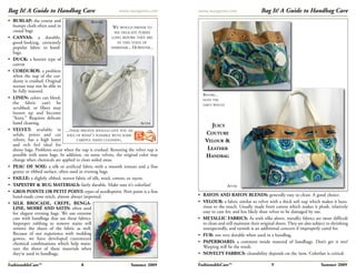 Bag It! A Guide to Handbag Care                             www.margarets.com        www.margarets.com                   Bag It! A Guide to Handbag Care
• BURLAP: the course and                      BEFORE
  bumpy cloth often used in                                WE WOULD PREFER TO
  casual bags                                              SEE DELICATE PURSES
• CANVAS: a durable,                                     LONG BEFORE THEY ARE
  good-looking, extremely                                    IN THIS STATE OF
  popular fabric in hand-                                DISREPAIR... HOWEVER...
  bags.
• DUCK: a heavier type of
  canvas
• CORDUROY: a problem
  when the nap of the cor-
  duroy is crushed. Original
  texture may not be able to
  be fully restored.
                                                                                       BEFORE...
• LINEN: colors can bleed,                                                             NOTE THE
  the fabric can’t be                                                                  DIRTY WHITES
  scrubbed, or fibers may
  loosen up and become
  “fuzzy.” Requires delicate
  hand cleaning.                                                          AFTER
                                                                                             JUICY
• VELVET: available in ...THESE PHOTOS SHOULD GIVE YOU AN
  solids, prints and cut IDEA OF WHAT’S POSSIBLE WITH SOME
                                                                      PURSE
                                                                                         COUTURE
  velvets, has a high luster         CAREFUL HAND CLEANING.           BLOG
                                                                                         VELOUR &
  and rich feel ideal for
  dressy bags. Problems occur when the nap is crushed. Restoring the velvet nap is        LEATHER
  possible with some bags. In addition, on some velvets, the original color may          HANDBAG
  change when chemicals are applied to clean soiled areas.
• PEAU DE SOIE: a silk or artificial fabric with a smooth texture and a fine
  grainy or ribbed surface, often used in evening bags.
• FAILLE: a slightly ribbed, woven fabric of silk, wool, cotton, or rayon.
• TAPESTRY & RUG MATERIALS: fairly durable. Make sure it’s colorfast!                                 AFTER
• GROS POINTE OR PETIT POINT: types of needlepoint. Petit point is a fine
  hand-made cross stitch, almost always imported.                                    • RAYON AND RAYON BLENDS: generally easy to clean. A good choice.
• SILK BROCADE, CREPE, BENGA-                                                        • VELOUR: a fabric similar to velvet with a thick soft nap which makes it luxu-
  LINE, MOIRÉ AND SATIN: often used                                                    rious to the touch. Usually made from cotton which makes it plush, relatively
  for elegant evening bags. We use extreme                                             easy to care for, and less likely than velvet to be damaged by use.
  care with handbags that use these fabrics.                                         • METALLIC FABRICS: As with silks above, metallic fabrics are more difficult
  Improper rubbing to remove stains will                                               to clean and still maintain their original sheen. They are also subject to shrinking
  remove the sheen of the fabric as well.                                              unexpectedly, and tarnish is an additional concern if improperly cared for.
  Because of our experience with wedding                                             • FUR: not very durable when used in a handbag.
  gowns, we have developed customized
  chemical combinations which help main-                                             • PAPERBOARD: a common inside material of handbags. Don’t get it wet!
  tain the sheen of these materials when                                               Warping will be the result.
  they’re used in handbags.                                                          • NOVELTY FABRICS: cleanability depends on the item. Colorfast is critical.

FashionableCare™                        8                          Summer 2009       FashionableCare™                          9                           Summer 2009
 