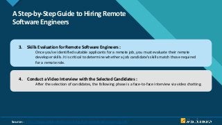 Click to edit Master title style
8
A Step-by-Step Guide to Hiring Remote
Software Engineers
3. Skills Evaluation for Remote Software Engineers :
Once you’ve identified suitable applicants for a remote job, you must evaluate their remote
developer skills. It is critical to determine whether a job candidate’s skills match those required
for a remote role.
4. Conduct a Video Interview with the Selected Candidates :
After the selection of candidates, the following phase is a face-to-face interview via video chatting.
Source: : https://www.weblineindia.com/blog/hire-remote-developers-guide/
 