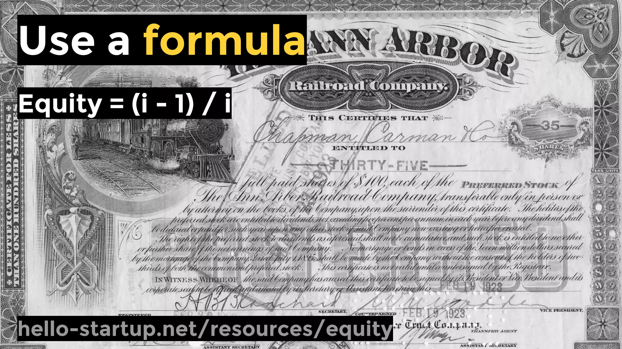 Employee Equity
Hire #1 2-3%
Hire #2 - 5 1-2%
Hire #6 - 15 0.5-1%
Use a table
hello-startup.net/resources/equity/
 
