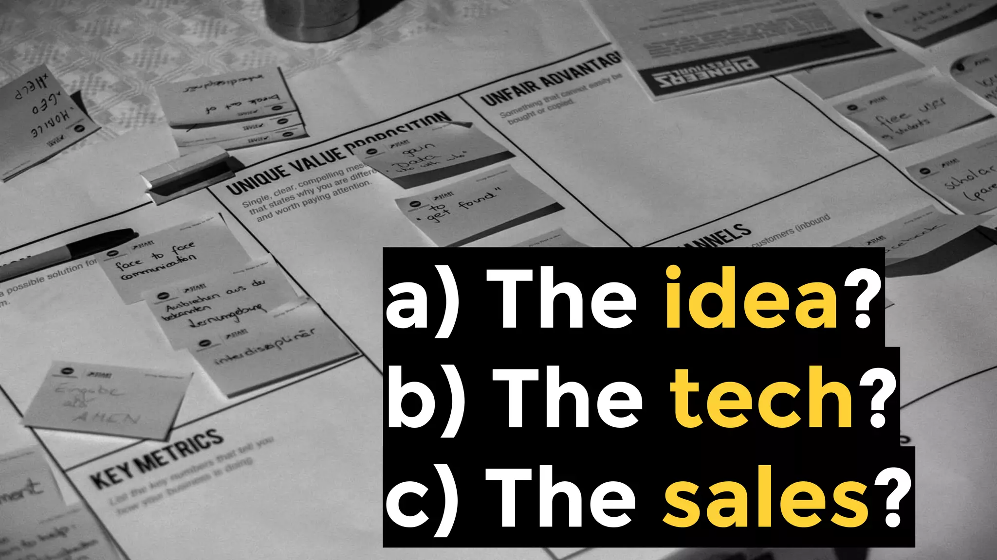 a) The idea
b) The technology
c) The sales and marketing
 