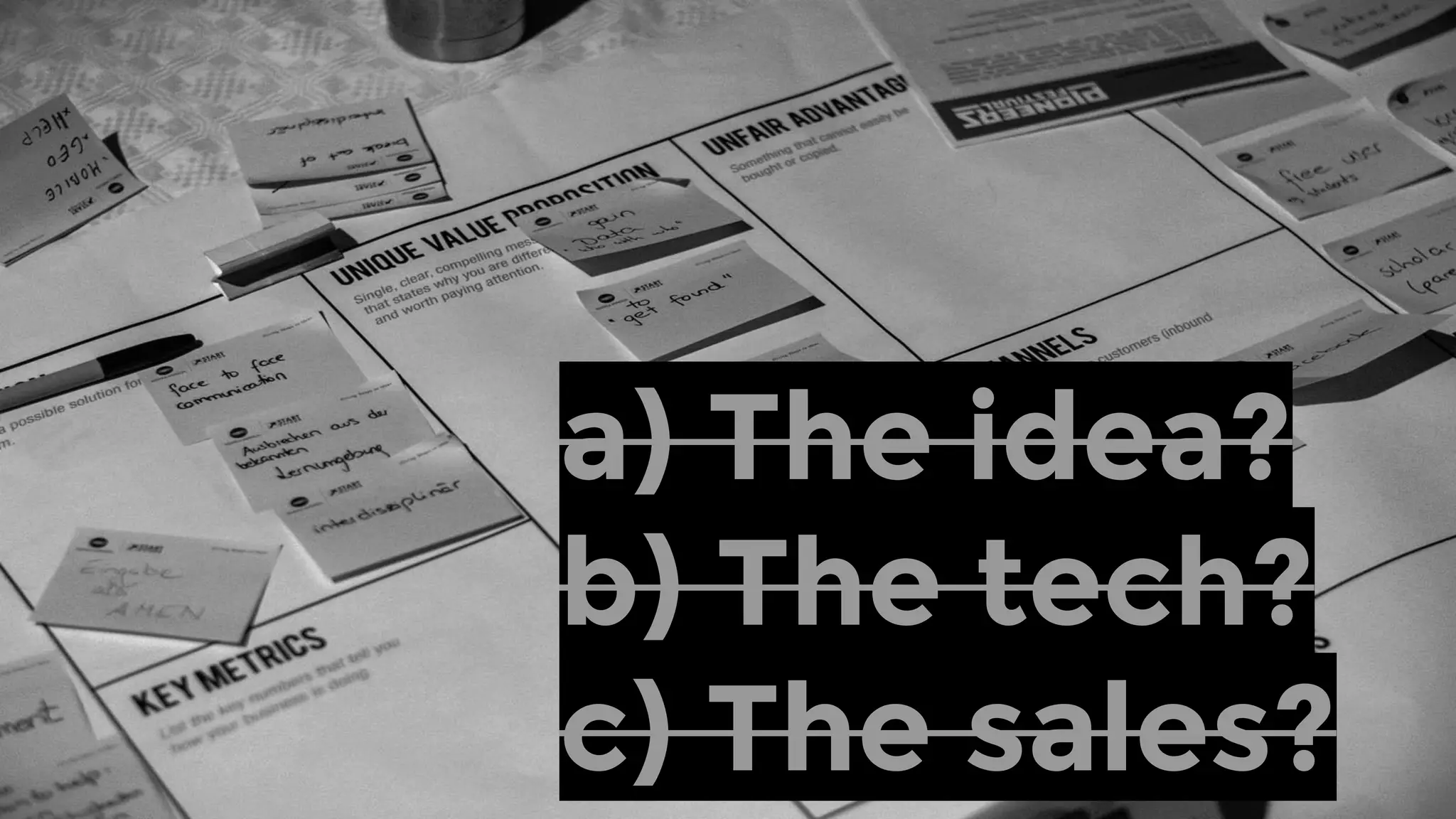 a) The idea
b) The technology
c) The sales and marketing
 
