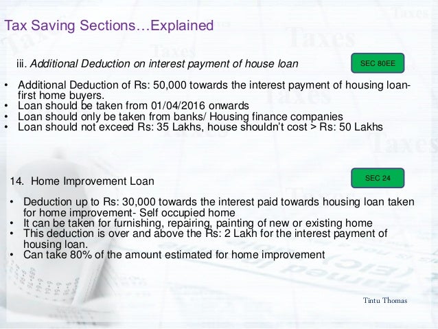 Tintu Thomas
Tax Saving Sectionsâ€¦Explained
14. Home Improvement Loan
â€¢ Deduction up to Rs: 30,000 towards the interest pai...