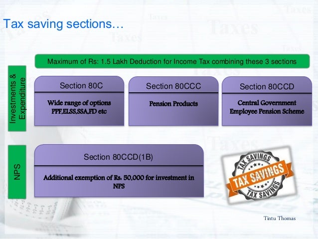 Tintu Thomas
Tax saving sectionsâ€¦
Section 80C
Wide range of options
PPF,ELSS,SSA,FD etc
Section 80CCC
Pension Products
Sec...