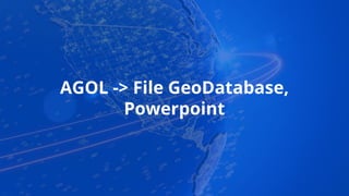 Demo Overview
The Goal
Replicate AGOL to
Geodatabase
The Obstacles
How can I
download the
attachments and
keep the referen...