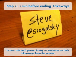 Step 11: 5 min before ending: Takeways

In turn, ask each person to say 1-2 sentences on their
takeaways from the session.

 