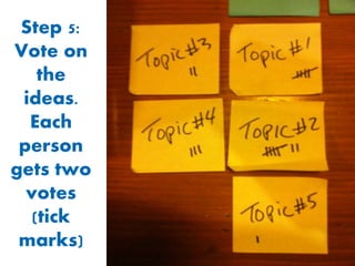 Step 5:
Vote on
the
ideas.
Each
person
gets two
votes
(tick
marks)

 