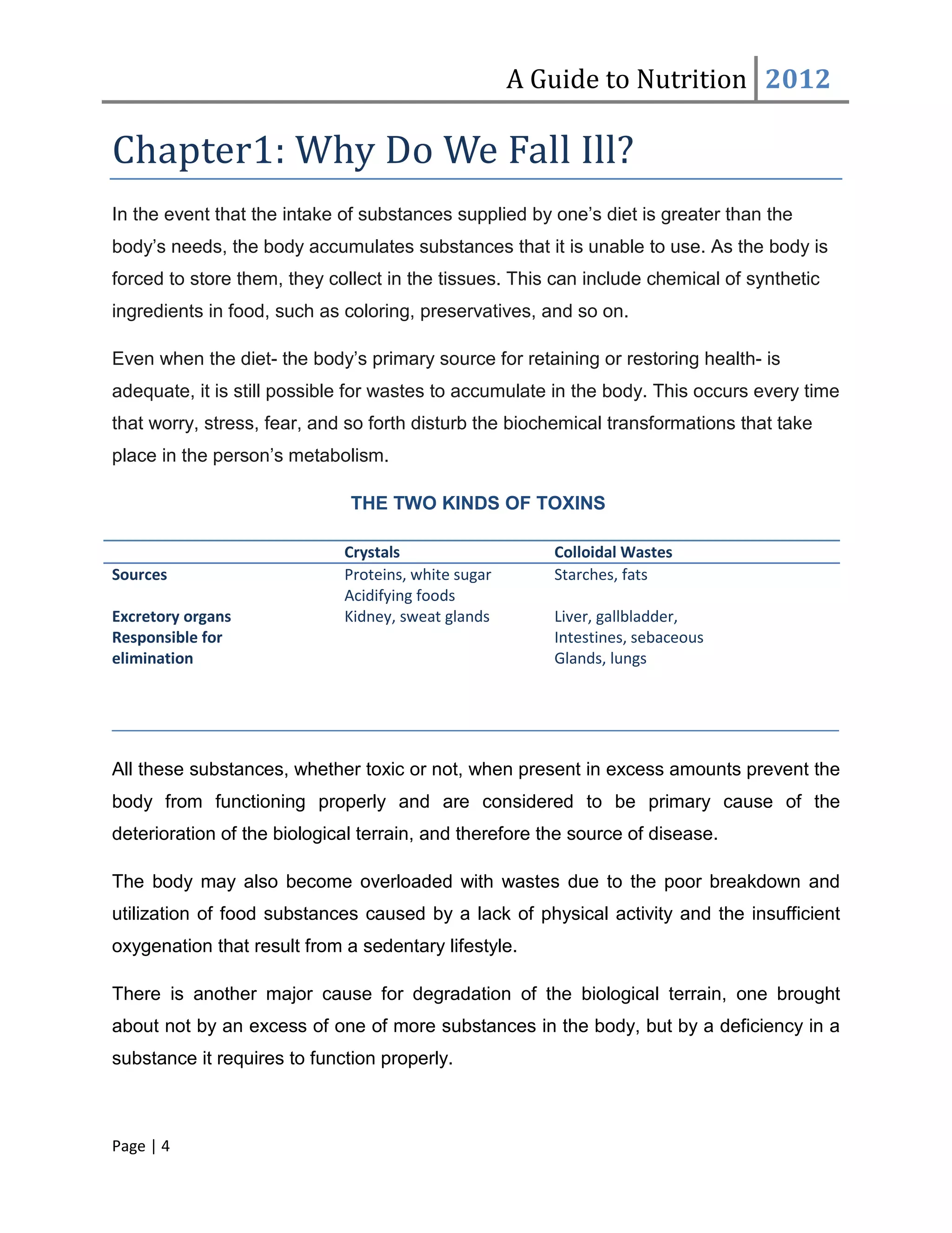 A Guide to Nutrition 2012

Chapter1: Why Do We Fall Ill?
In the event that the intake of substances supplied by one’s diet is greater than the
body’s needs, the body accumulates substances that it is unable to use. As the body is
forced to store them, they collect in the tissues. This can include chemical of synthetic
ingredients in food, such as coloring, preservatives, and so on.

Even when the diet- the body’s primary source for retaining or restoring health- is
adequate, it is still possible for wastes to accumulate in the body. This occurs every time
that worry, stress, fear, and so forth disturb the biochemical transformations that take
place in the person’s metabolism.

                              THE TWO KINDS OF TOXINS

                             Crystals                   Colloidal Wastes
Sources                      Proteins, white sugar      Starches, fats
                             Acidifying foods
Excretory organs             Kidney, sweat glands       Liver, gallbladder,
Responsible for                                         Intestines, sebaceous
elimination                                             Glands, lungs


______________________________________________________________________

All these substances, whether toxic or not, when present in excess amounts prevent the
body from functioning properly and are considered to be primary cause of the
deterioration of the biological terrain, and therefore the source of disease.

The body may also become overloaded with wastes due to the poor breakdown and
utilization of food substances caused by a lack of physical activity and the insufficient
oxygenation that result from a sedentary lifestyle.

There is another major cause for degradation of the biological terrain, one brought
about not by an excess of one of more substances in the body, but by a deficiency in a
substance it requires to function properly.



Page | 4
 