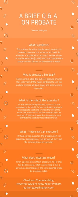 Why is probate a big deal?
Families make a big deal out of it because of what
they will inherit. If the family contests the will, the
probate process will take longer and become more
expensive.
What does intestate mean?
When a person dies without a legal will, he (or she)
has died intestate. What's interesting is that a
person can die intestate if the will is deemed invalid
by a probate judge.
What if there isn't an executor?
If there isn't an executor, the probate court will
appoint an administrator. This person will carry out
the same duties as an executor.
What is the role of the executor?
An executor has the legal authority to carry out the
instructions in the will. He (or she) must take inventory of
the deceased's assets and estimate the value of the
estate. The executor must notify the rightful heirs. He
must pay off debts and taxes. Also, the executor must
distribute the assets to those listed in the will.
A BRIEF Q & A
ON PROBATE
Theresa  Kellington
What is probate?
This is when the will of the deceased (testator) is
reviewed to ensure it is authentic and valid. An
executor is appointed to carry out the final wishes
of the deceased. He (or she) must start the probate
process within 30 days of the testator's death.
Check out Theresa's blog
What You Need to Know About Probate
at theresakellington.com.
 