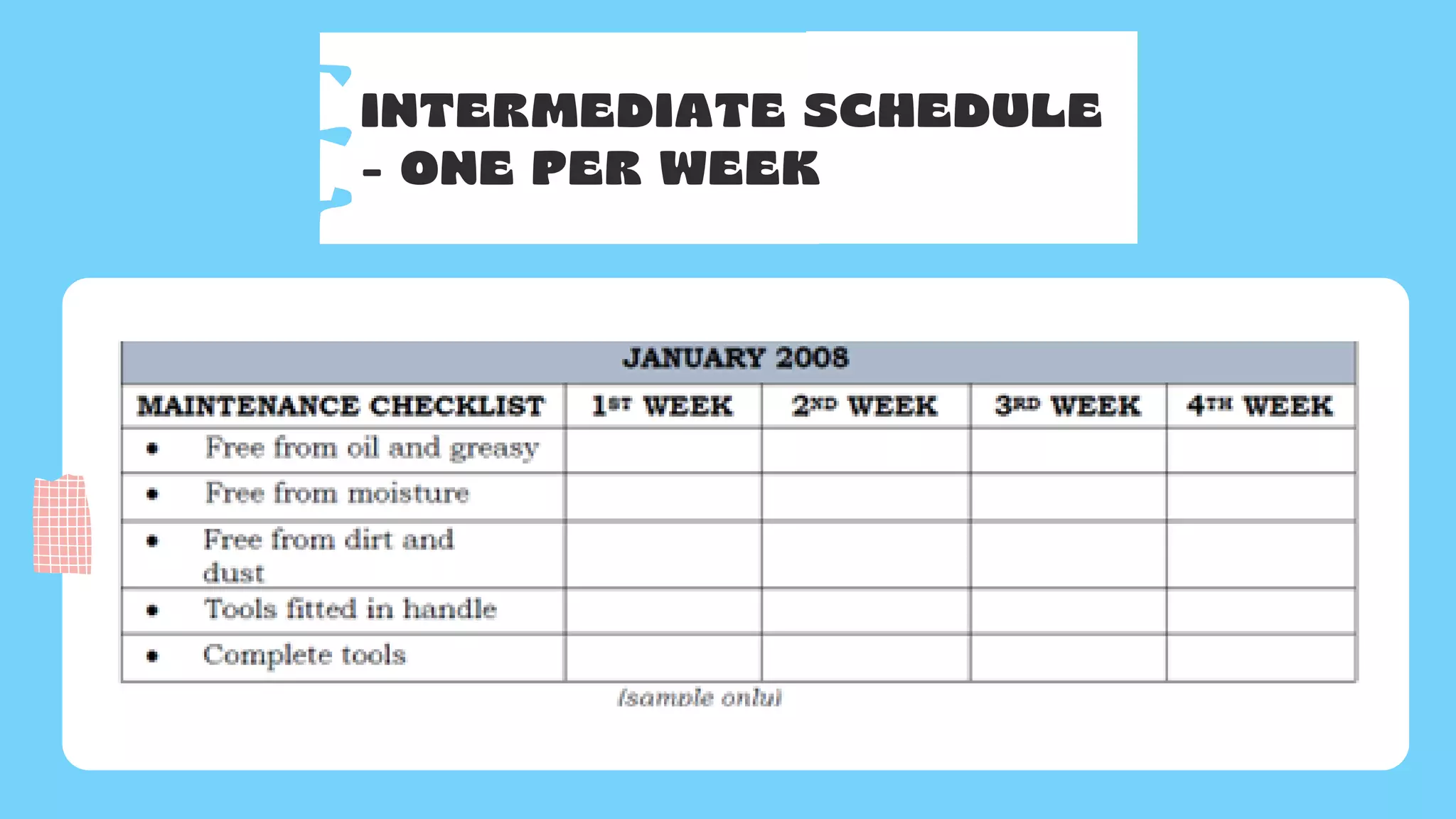 INTERMEDIATE SCHEDULE
- ONE PER WEEK
 