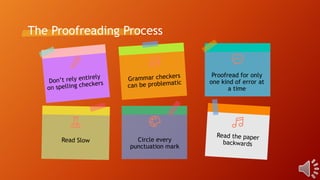 Proofreading
Tips
• Know your own typical
mistakes
• Proofread at the time of
the day when you are
most alert
• Ask someon...