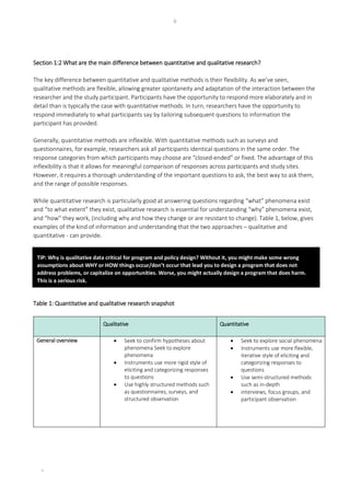 ii
ii
Section 1:2 What are the main difference between quantitative and qualitative research?
The key difference between quantitative and qualitative methods is their flexibility. As we’ve seen,
qualitative methods are flexible, allowing greater spontaneity and adaptation of the interaction between the
researcher and the study participant. Participants have the opportunity to respond more elaborately and in
detail than is typically the case with quantitative methods. In turn, researchers have the opportunity to
respond immediately to what participants say by tailoring subsequent questions to information the
participant has provided.
Generally, quantitative methods are inflexible. With quantitative methods such as surveys and
questionnaires, for example, researchers ask all participants identical questions in the same order. The
response categories from which participants may choose are “closed-ended” or fixed. The advantage of this
inflexibility is that it allows for meaningful comparison of responses across participants and study sites.
However, it requires a thorough understanding of the important questions to ask, the best way to ask them,
and the range of possible responses.
While quantitative research is particularly good at answering questions regarding “what” phenomena exist
and “to what extent” they exist, qualitative research is essential for understanding “why” phenomena exist,
and “how” they work, (including why and how they change or are resistant to change). Table 1, below, gives
examples of the kind of information and understanding that the two approaches – qualitative and
quantitative - can provide.
Table 1: Quantitative and qualitative research snapshot
Qualitative Quantitative
General overview • Seek to confirm hypotheses about
phenomena Seek to explore
phenomena
• Instruments use more rigid style of
eliciting and categorizing responses
to questions
• Use highly structured methods such
as questionnaires, surveys, and
structured observation
• Seek to explore social phenomena
• Instruments use more flexible,
iterative style of eliciting and
categorizing responses to
questions
• Use semi-structured methods
such as in-depth
• interviews, focus groups, and
participant observation
TIP: Why is qualitative data critical for program and policy design? Without it, you might make some wrong
assumptions about WHY or HOW things occur/don’t occur that lead you to design a program that does not
address problems, or capitalize on opportunities. Worse, you might actually design a program that does harm.
This is a serious risk.
 