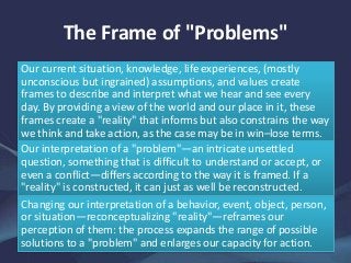 The Frame of "Problems"
Our current situation, knowledge, life experiences, (mostly
unconscious but ingrained) assumptions, and values create
frames to describe and interpret what we hear and see every
day. By providing a view of the world and our place in it, these
frames create a "reality" that informs but also constrains the way
we think and take action, as the case may be in win–lose terms.
Our interpretation of a "problem"—an intricate unsettled
question, something that is difficult to understand or accept, or
even a conflict—differs according to the way it is framed. If a
"reality" is constructed, it can just as well be reconstructed.
Changing our interpretation of a behavior, event, object, person,
or situation—reconceptualizing "reality"—reframes our
perception of them: the process expands the range of possible
solutions to a "problem" and enlarges our capacity for action.
 