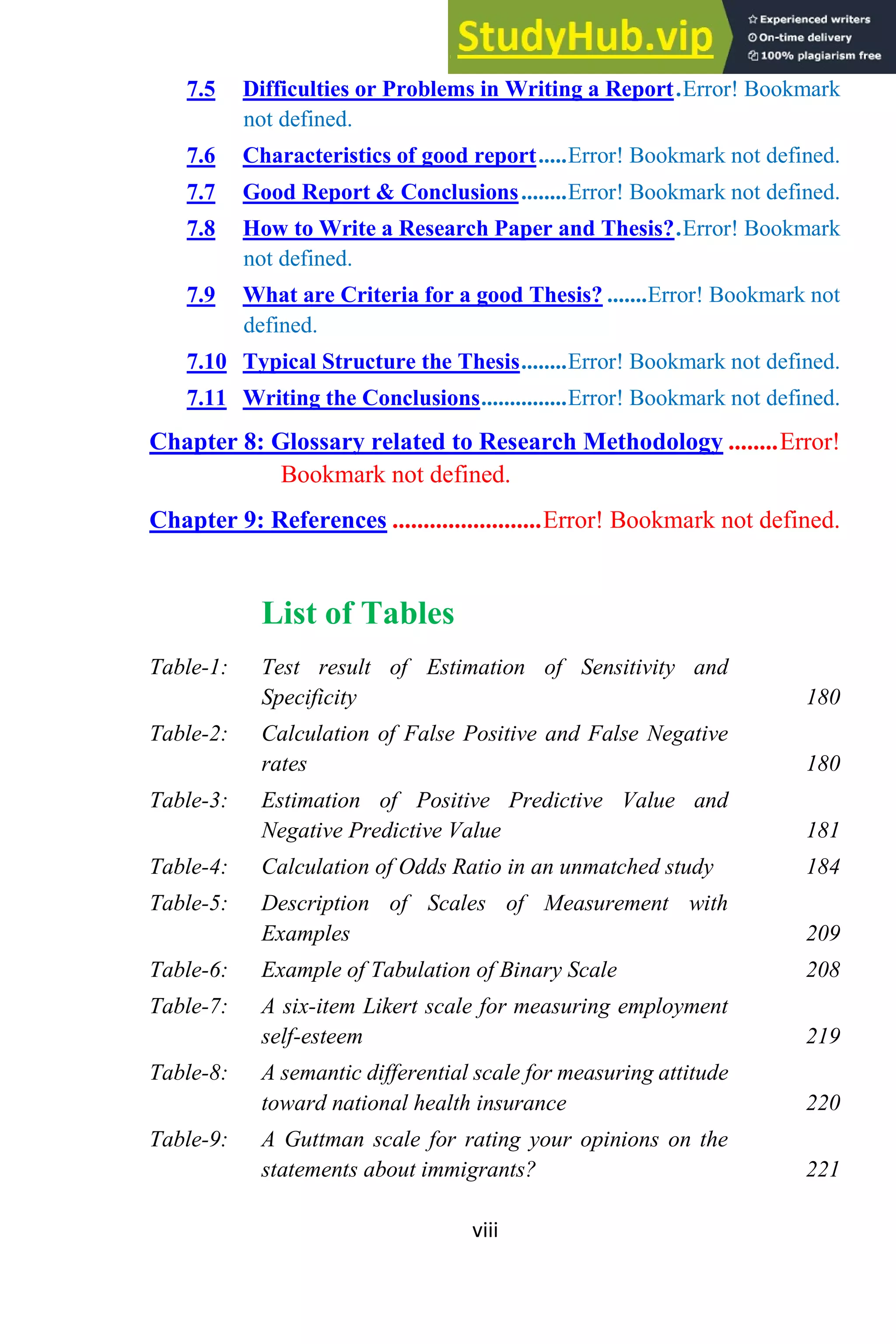 viii
7.5 Difficulties or Problems in Writing a Report.Error! Bookmark
not defined.
7.6 Characteristics of good report.....Error! Bookmark not defined.
7.7 Good Report & Conclusions........Error! Bookmark not defined.
7.8 How to Write a Research Paper and Thesis?.Error! Bookmark
not defined.
7.9 What are Criteria for a good Thesis? .......Error! Bookmark not
defined.
7.10 Typical Structure the Thesis........Error! Bookmark not defined.
7.11 Writing the Conclusions...............Error! Bookmark not defined.
Chapter 8: Glossary related to Research Methodology ........Error!
Bookmark not defined.
Chapter 9: References ........................Error! Bookmark not defined.
List of Tables
Table-1: Test result of Estimation of Sensitivity and
Specificity 180
Table-2: Calculation of False Positive and False Negative
rates 180
Table-3: Estimation of Positive Predictive Value and
Negative Predictive Value 181
Table-4: Calculation of Odds Ratio in an unmatched study 184
Table-5: Description of Scales of Measurement with
Examples 209
Table-6: Example of Tabulation of Binary Scale 208
Table-7: A six-item Likert scale for measuring employment
self-esteem 219
Table-8: A semantic differential scale for measuring attitude
toward national health insurance 220
Table-9: A Guttman scale for rating your opinions on the
statements about immigrants? 221
 