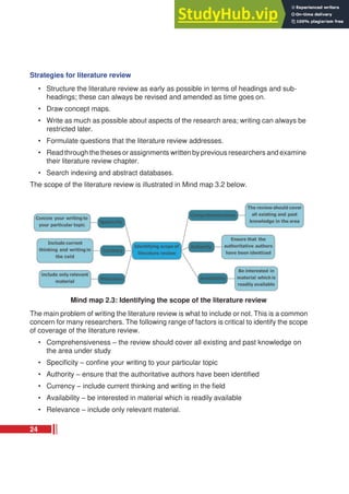 Strategies for literature review
• Structure the literature review as early as possible in terms of headings and sub-
headings; these can always be revised and amended as time goes on.
• Draw concept maps.
• Write as much as possible about aspects of the research area; writing can always be
restricted later.
• Formulate questions that the literature review addresses.
• Read through the theses or assignments written byprevious researchers and examine
their literature review chapter.
• Search indexing and abstract databases.
The scope of the literature review is illustrated in Mind map 3.2 below.
Mind map 2.3: Identifying the scope of the literature review
The main problem of writing the literature review is what to include or not. This is a common
concern for many researchers. The following range of factors is critical to identify the scope
of coverage of the literature review.
• Comprehensiveness – the review should cover all existing and past knowledge on
the area under study
• Specificity – confine your writing to your particular topic
• Authority – ensure that the authoritative authors have been identified
• Currency – include current thinking and writing in the field
• Availability – be interested in material which is readily available
• Relevance – include only relevant material.
24
 