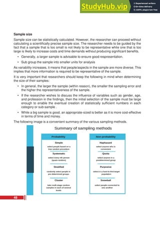 Sample size
Sample size can be statistically calculated. However, the researcher can proceed without
calculating a scientifically precise sample size. The researcher needs to be guided by the
fact that a sample that is too small is not likely to be representative while one that is too
large is likely to increase costs and time demands without producing significant benefits.
• Generally, a larger sample is advisable to ensure good respresentation.
• Sub group the sample into smaller units for analysis
As variability increases, it means that people/aspects in the sample are more diverse. This
implies that more information is required to be representative of the sample.
It is very important that researchers should keep the following in mind when determining
the size of their samples:
• In general, the larger the sample (within reason), the smaller the sampling error and
the higher the representativeness of the sample.
• If the researcher wishes to discuss the influence of variables such as gender, age,
and profession in the findings, then the initial selection of the sample must be large
enough to enable the eventual creation of statistically sufficient numbers in each
category or sub-sample .
• While a big sample is good, an appropriate-sized is better as it is more cost-effective
in terms of time and money.
The following image is a convenient summary of the various sampling methods.
48
 