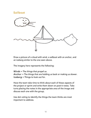 12
Sailboat
Draw a picture of a cloud with wind, a sailboat with an anchor, and
an iceberg similar to the one seen above.
The imagery here represents the following:
Winds = The things that propel us.
Anchor = The things that are holding us back or making us slower.
Iceberg = Things to look out for.
Have the team take time to think about each of these aspects of
the project or sprint and write them down on post-it notes. Take
turns placing the notes in the appropriate area of the image and
discuss each one with the group.
Use dot voting to identify the things the team thinks are most
important to address.
 