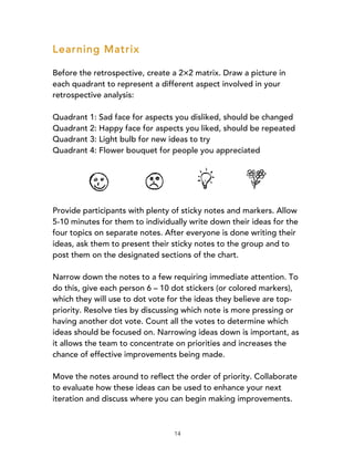 14
Learning Matrix
Before the retrospective, create a 2×2 matrix. Draw a picture in
each quadrant to represent a different aspect involved in your
retrospective analysis:
Quadrant 1: Sad face for aspects you disliked, should be changed
Quadrant 2: Happy face for aspects you liked, should be repeated
Quadrant 3: Light bulb for new ideas to try
Quadrant 4: Flower bouquet for people you appreciated
Provide participants with plenty of sticky notes and markers. Allow
5-10 minutes for them to individually write down their ideas for the
four topics on separate notes. After everyone is done writing their
ideas, ask them to present their sticky notes to the group and to
post them on the designated sections of the chart.
Narrow down the notes to a few requiring immediate attention. To
do this, give each person 6 – 10 dot stickers (or colored markers),
which they will use to dot vote for the ideas they believe are top-
priority. Resolve ties by discussing which note is more pressing or
having another dot vote. Count all the votes to determine which
ideas should be focused on. Narrowing ideas down is important, as
it allows the team to concentrate on priorities and increases the
chance of effective improvements being made.
Move the notes around to reflect the order of priority. Collaborate
to evaluate how these ideas can be used to enhance your next
iteration and discuss where you can begin making improvements.
 