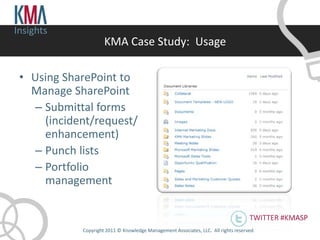 Insights
                      KMA Case Study: Usage

 • Using SharePoint to
   Manage SharePoint
    – Submittal forms
      (incident/request/
      enhancement)
    – Punch lists
    – Portfolio
      management

                                                                                      TWITTER #KMASP
             Copyright 2011 © Knowledge Management Associates, LLC. All rights reserved .
 