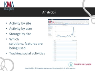 Insights
                                        Analytics

 • Activity by site
 • Activity by user
 • Storage by site
 • Which
   solutions, features are
   being used
 • Tracking social activities

                                                                                       TWITTER #KMASP
              Copyright 2011 © Knowledge Management Associates, LLC. All rights reserved .
 