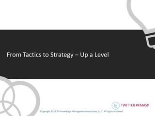 From Tactics to Strategy – Up a Level




                                                                                     TWITTER #KMASP
            Copyright 2011 © Knowledge Management Associates, LLC. All rights reserved .
 