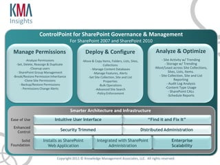 Insights
                   ControlPoint for SharePoint Governance & Management
                                         For SharePoint 2007 and SharePoint 2010

 Manage Permissions                              Deploy & Configure                                Analyze & Optimize
            -Analyze Permissions               -Move & Copy Items, Folders, Lists, Sites,             - Site Activity w/ Trending
   -Set, Delete, Reassign & Duplicate                        Collections                                 - Storage w/ Trending
               -Cleanup users                       - Manage Content Databases                    -Most/Least across Site Collections,
    - SharePoint Group Management                     -Manage Features, Alerts                              Sites, Lists, Items.
 -Break/Restore Permission Inheritance            -Set Site Collection, Site and List               - Site Collection, Site and List
           -Clone Site Permissions                           Properties                                         Reporting
      - Backup/Restore Permissions                        -Bulk Operations                                 - Audit Log Analysis
        - Permissions Change Alerts                    -Advanced Site Search
                                                                                                          -Content Type Usage
                                                                                                            - SharePoint CALs
                                                        -Policy Enforcement
                                                                                                            -Schedule Reports



                                         Smarter Architecture and Infrastructure
Ease of Use                   Intuitive User Interface                                         “Find it and Fix It”
 Enhanced
   Control
                                  Security Trimmed                                          Distributed Administration

     Solid           Installs as SharePoint               Integrated with SharePoint                         Enterprise
Foundation              Web Application                         Administration                               Scalability
                                                                                                                  TWITTER #KMASP

                               Copyright 2011 © Knowledge Management Associates, LLC. All rights reserved .
 