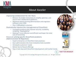 Insights
                                     About Axceler
   Improving Collaboration for 16+ Years
       – Mission: To enable enterprises to simplify, optimize, and
         secure their collaborative platforms
       – Delivered award-winning administration and migration
         software since 1994
       – Over 2,000 global customers
   Dramatically improve the management of SharePoint
       – Innovative products that improve security, scalability,
         reliability, “deployability”
       – Making IT more effective and efficient and lower the total
         cost of ownership
   Focus on solving specific SharePoint problems
   (Administration & Migration)
       –   Coach enterprises on SharePoint best practices
       –   Give administrators the most innovative tools available
       –   Anticipate customers’ needs
       –   Deliver best of breed offerings
       –   Stay in lock step with SharePoint development and market trends
                                                                                             TWITTER #KMASP
                    Copyright 2011 © Knowledge Management Associates, LLC. All rights reserved .
 