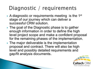    A diagnostic or requirements meeting is the 1st
    stage of our journey which can deliver a
    successful CRM solution.
   The goal of the Diagnostic phase is to gather
    enough information in order to define the high
    level project scope and make a confident proposal
    for the remaining phases of the implementation.
   The major deliverable is the implementation
    proposal and contract. There will also be high
    level and possibly detailed requirements and
    gap/fit analysis documents.
 