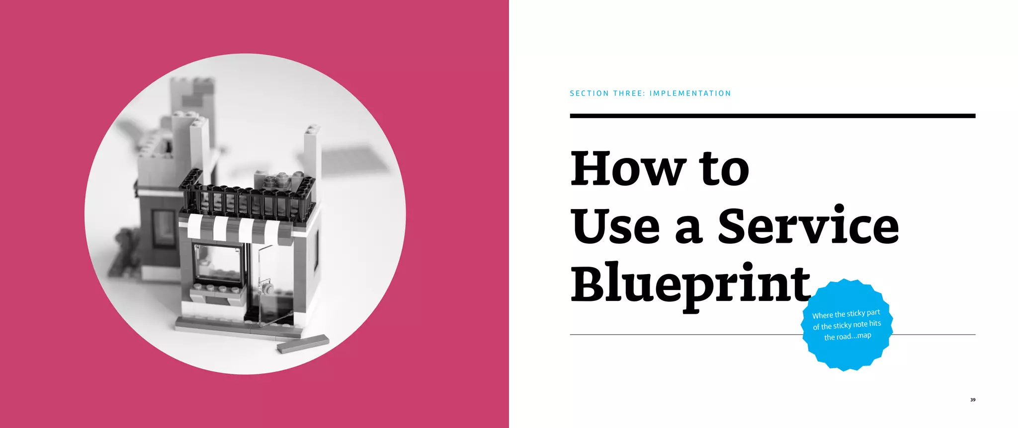 39
How to
Use a Service
Blueprint
S E C T I O N T H R E E : I M P L E M E N T A T I O N
Where the sticky part
of the sticky note hits
the road…map
 