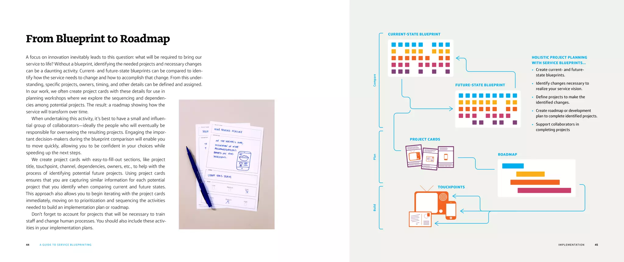 44 45A GUIDE TO SERVICE BLUEPRINTING CHAPTER TITLE
A focus on innovation inevitably leads to this question: what will be required to bring our
service to life? Without a blueprint, identifying the needed projects and necessary changes
can be a daunting activity. Current- and future-state blueprints can be compared to iden-
tify how the service needs to change and how to accomplish that change. From this under-
standing, specific projects, owners, timing, and other details can be defined and assigned.
In our work, we often create project cards with these details for use in
planning workshops where we explore the sequencing and dependen-
cies among potential projects. The result: a roadmap showing how the
service will transform over time.
When undertaking this activity, it’s best to have a small and influen-
tial group of collaborators—ideally the people who will eventually be
responsible for overseeing the resulting projects. Engaging the impor-
tant decision-makers during the blueprint comparison will enable you
to move quickly, allowing you to be confident in your choices while
speeding up the next steps.
We create project cards with easy-to-fill-out sections, like project
title, touchpoint, channel, dependencies, owners, etc., to help with the
process of identifying potential future projects. Using project cards
ensures that you are capturing similar information for each potential
project that you identify when comparing current and future states.
This approach also allows you to begin iterating with the project cards
immediately, moving on to prioritization and sequencing the activities
needed to build an implementation plan or roadmap.
Don’t forget to account for projects that will be necessary to train
staff and change human processes. You should also include these activ-
ities in your implementation plans.
From Blueprint to Roadmap
45
HOLISTIC PROJECT PLANNING
WITH SERVICE BLUEPRINTS…
•	 Create current- and future-
state blueprints.
•	 Identify changes necessary to
realize your service vision.
•	 Define projects to make the
identified changes.
•	 Create roadmap or development
plan to complete identified projects.
•	 Support collaborators in
completing projects
IMPLEMENTATION
FUTURE-STATE BLUEPRINT
ROADMAP
TOUCHPOINTS
PROJECT CARDS
CURRENT-STATE BLUEPRINT
PlanBuildCompare
 