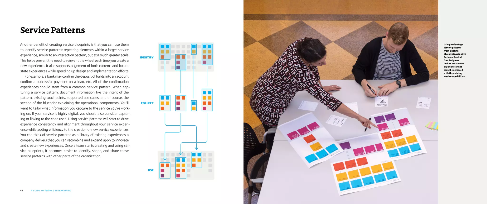 46 47A GUIDE TO SERVICE BLUEPRINTING CHAPTER TITLE
Another benefit of creating service blueprints is that you can use them
to identify service patterns: repeating elements within a larger service
experience, similar to an interaction pattern, but at a much greater scale.
This helps prevent the need to reinvent the wheel each time you create a
new experience. It also supports alignment of both current- and future-
state experiences while speeding up design and implementation efforts.
For example, a bank may confirm the deposit of funds into an account,
confirm a successful payment on a loan, etc. All of the confirmation
experiences should stem from a common service pattern. When cap-
turing a service pattern, document information like the intent of the
pattern, existing touchpoints, supported use cases, and of course, the
section of the blueprint explaining the operational components. You’ll
want to tailor what information you capture to the service you’re work-
ing on. If your service is highly digital, you should also consider captur-
ing or linking to the code used. Using service patterns will start to drive
experience consistency and alignment throughout your service experi-
ence while adding efficiency to the creation of new service experiences.
You can think of service patterns as a library of existing experiences a
company delivers that you can recombine and expand upon to innovate
and create new experiences. Once a team starts creating and using ser-
vice blueprints, it becomes easier to identify, shape, and share these
service patterns with other parts of the organization.
Service Patterns
IDENTIFY
COLLECT
USE
Using early-stage
service patterns
from existing
blueprints, Adaptive
Path and Capital
One designers
look to create new
experiences that
could be achieved
with the existing
service capabilities.
 
