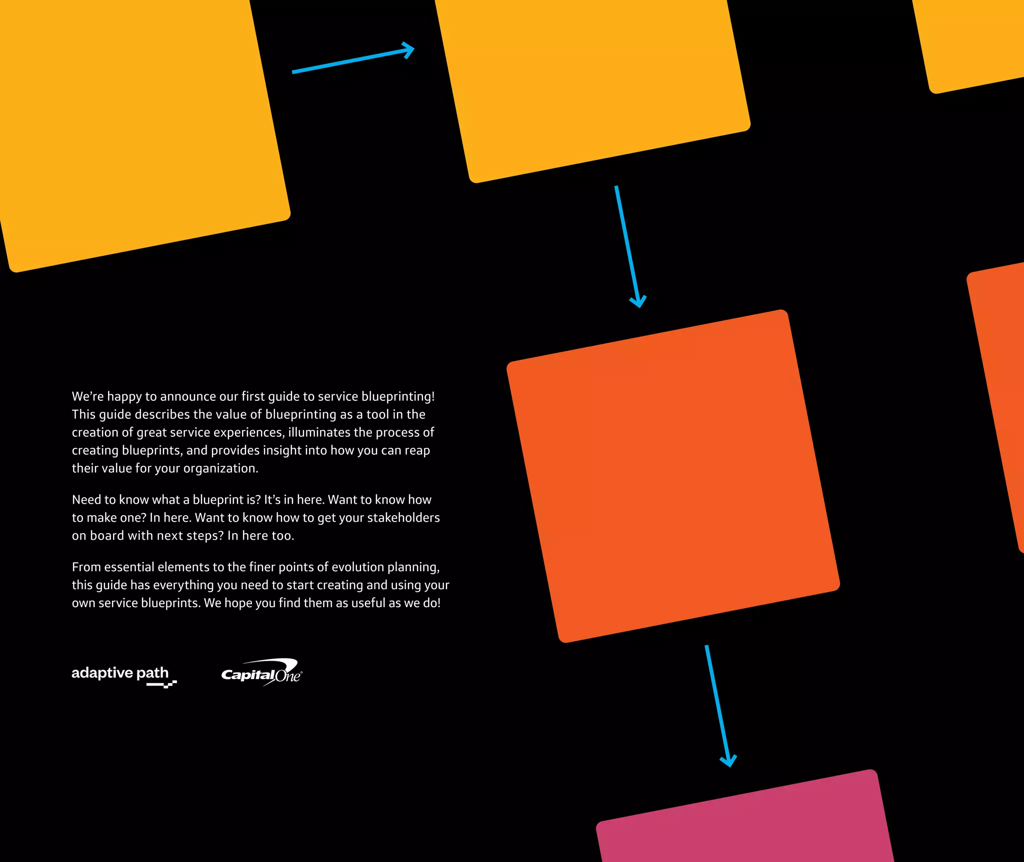 We’re happy to announce our first guide to service blueprinting!
This guide describes the value of blueprinting as a tool in the
creation of great service experiences, illuminates the process of
creating blueprints, and provides insight into how you can reap
their value for your organization.
Need to know what a blueprint is? It’s in here. Want to know how
to make one? In here. Want to know how to get your stakeholders
on board with next steps? In here too.
From essential elements to the finer points of evolution planning,
this guide has everything you need to start creating and using your
own service blueprints. We hope you find them as useful as we do!
 