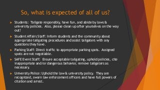 So, what is expected of all of us? 
 Students: Tailgate responsibly, have fun, and abide by laws & 
university policies. Also, please clean up after yourselves on the way 
out! 
 Student Affairs Staff: Inform students and the community about 
appropriate tailgating procedures and assist tailgaters with any 
questions they have. 
 Parking Staff: Direct traffic to appropriate parking spots. Assigned 
spots are not negotiable. 
 SAFE Event Staff: Ensure acceptable tailgating, uphold policies, cite 
inappropriate and/or dangerous behavior, remove tailgaters as 
necessary. 
 University Police: Uphold the law & university policy. They are 
recognized, sworn law enforcement officers and have full powers of 
citation and arrest. 
 