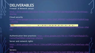 DELIVERABLES
Firewall & Network setups
https://drive.google.com/drive/folders/1FDKjOi8MPxXTuBZ4MtJZQMf9tcfPkz44?usp=
sharing
Cloud security
https://drive.google.com/drive/folders/1MOe15AjF_WRN9IZ10yQefpXDOYfvd8VK?usp
=sharing
Protocols and ports that need attention
https://drive.google.com/file/d/1_irHSd7pgY_ciP8Sjg51YOcd1S8mjciZ/view?usp=shar
ing
Authentication best practices: https://drive.google.com/file/d/1TyMTbghiOSqtuZv7c-
CqmurPiqcPdRpV/view?usp=sharing
Server and network rights
https://drive.google.com/file/d/130tcLpGBPE2Q4aYjknG7xaiIkK0CJPsq/view?usp=sha
ring
Servers:
https://drive.google.com/file/d/197jsrcHo4Izx9pWw7nv3dj01BIf0LiNl/view?usp=shari
 